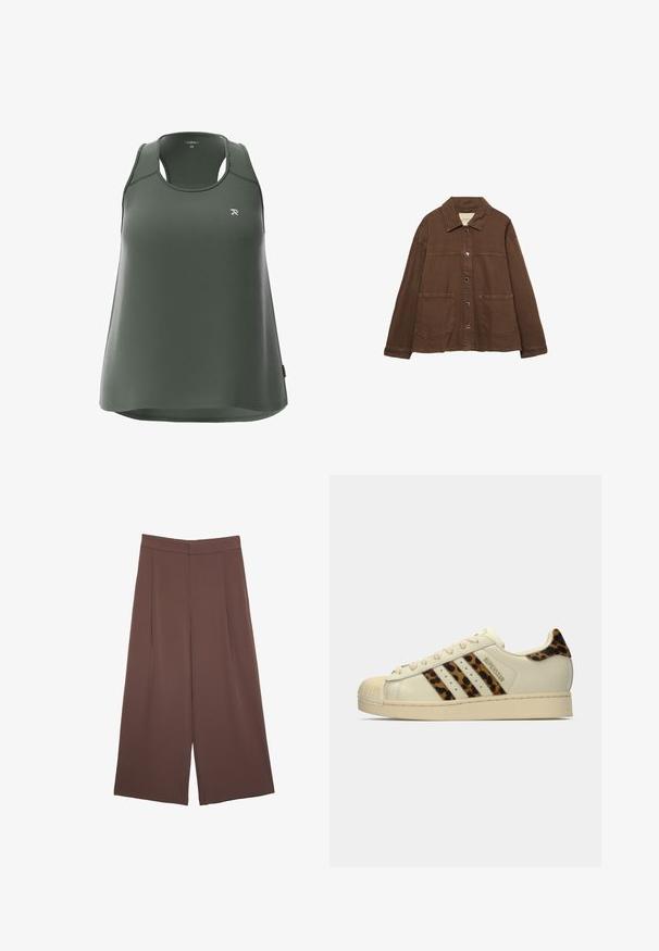 Braune Baumwolljacke mit einem Kragen, vorderen Druckknöpfen und zwei großen aufgesetzten Taschen. Sauberes, geradliniges Design.; Grünes Tanktop aus strukturiertem Stoff, mit Rundhalsausschnitt, Racerback-Design und dezentem Logo auf der Brust.; Braune Weite-Leg-Hosen mit einer glatten Textur, hoher Taille und Vorderfalten. Der Stoff ist leicht und fällt locker.; Off-white Adidas Superstar Sneaker mit Leopardenmuster-Streifen und Fersenklappe, beiger Gummischalenzehen und "SUPERSTAR"-Text an der Seite.