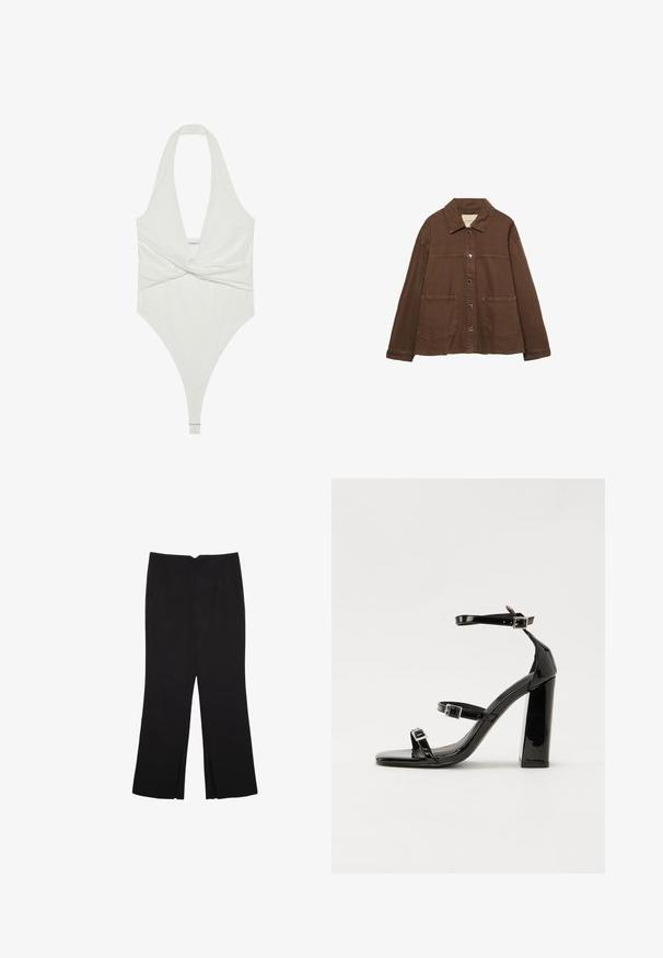 Rjava bombažna jakna z ovratnikom, sprednjimi snap gumbi in dvema velikima žepoma. Čista, ravna krojna zasnova.; Bela bodi z najsvetlejšim ovratnikom z globokim V dekoltejem in zavitim sprednjim dizajnom. Narejena iz gladkega, raztegljivega materiala, z izrezanimi hlačkami.; Črne hlače ravnega kroja z naglavnimi žepi in stranskimi razporki na robu. Narejene iz mehke, gladke tkanine. Primerne za različne priložnosti.; Črne lakirane sandale s peto, kvadratnim prstom, trakovi okrog gležnja in srebrnimi zaponkami. Opremljene so s stabilno Debelo peto.