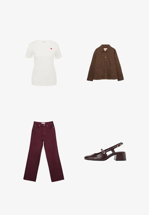 Ruskea puuvillapusero, jossa on kauluksellinen kaula-aukko, etuosassa napit ja kaksi suurta päällystaskua. Siisti, suora leikkaus.; Valkoinen puuvillapaita lyhyillä hihoilla, pyöreällä kaula-aukolla, jossa on pieni punainen sydän brodeerattuna vasempaan rintakehään.; Burgundy korkeavyötäröiset farkut suoranlahkeisella designilla, joissa on etutaskut, nappisuljenta ja kuparinvärisiä varusteita.; Ruske pu leather slingback pete s kvadratnim nožnim dijelom, izrezanim stranama i blok petom. Ima kopču na traku oko gležnja.