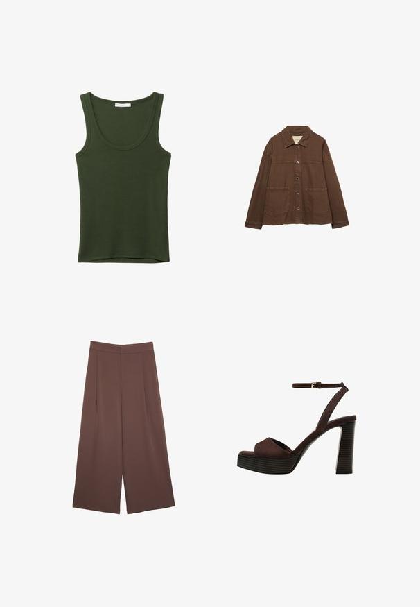 Hnedá bavlnená bunda s límcom, prednými cvokmi a dvoma veľkými náprsnými vreckami. Čistý, rovný strih.; Olive zelená tielko vyrobené z jemného, elastického materiálu. Má okrúhly výstrih a široké ramienka, s rovnomerným lemovaním na spodnej časti. Bez vzorov alebo akcentov.; Hnedé nohavice so širokými nohavicami a hladkou textúrou, s vysokým pásom a prednými skladmi. Tkanina je ľahká a voľne sa pohybuje.; Hnedé semišové sandále na vysokom podpätku s otvorenou špičkou, nastaviteľným členkovým remienkom a pruhovanou platformovou podrážkou.