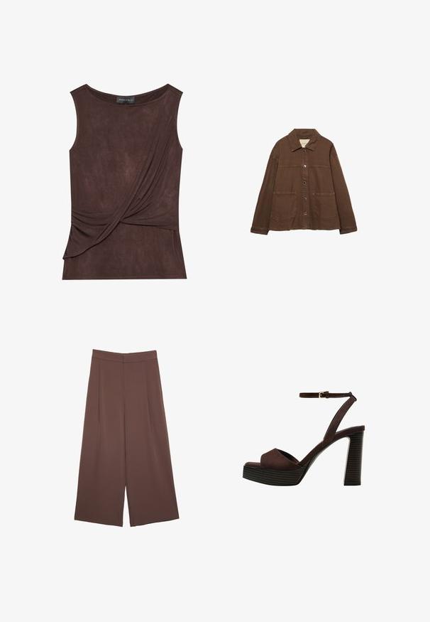 Hnedá bavlnená bunda s límcom, prednými cvokmi a dvoma veľkými náprsnými vreckami. Čistý, rovný strih.; Hnedý bezrukávový top z ľahkej tkaniny s drapériou a bočným akcentom, s okrúhlym výstrihom a jemnou textúrou.; Hnedé nohavice so širokými nohavicami a hladkou textúrou, s vysokým pásom a prednými skladmi. Tkanina je ľahká a voľne sa pohybuje.; Hnedé semišové sandále na vysokom podpätku s otvorenou špičkou, nastaviteľným členkovým remienkom a pruhovanou platformovou podrážkou.