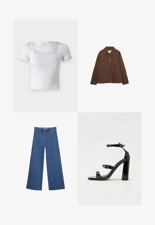 Hnědá bavlněná bunda s límcem, předními patentními knoflíky a dvěma velkými našitými kapsami. Čistý, rovný střih.; Hollister Co. SQUARE - Jednoduché tričko - bright white; Džíny s širokými nohavicemi v středně modré barvě, se zvýšeným pasem, knoflíkovým zapínáním a kontrastními vertikálními švy vpředu.; Černé lakované sandály na podpatku se čtveratou špičkou, lýtkovými pásky a stříbrnými přezkami. Disponují masivním blokovým podpatkem pro stabilitu.
