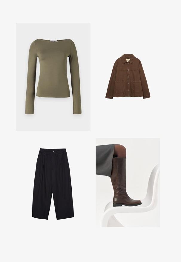 Rjava bombažna jakna z ovratnikom, sprednjimi snap gumbi in dvema velikima žepoma. Čista, ravna krojna zasnova.; Olivno zelena majica z dolgimi rokavi v oprijetem dizajnu, izdelana iz gladkega, elastičnega materiala s širokim izrezom in minimalnimi šivi.; Črne poliesterske culotte hlače z elastičnim pasom, dvema sprednjima nabiranjema in ohlapnim krojem. Brez vidnih vzorcev ali kovinskih detajlov.; Rjave usnjene škornje do kolen z zaobljenim nosom, gladko teksturo in minimalnimi šivi, postavljeni na svetlo ozadje na belem stolu.