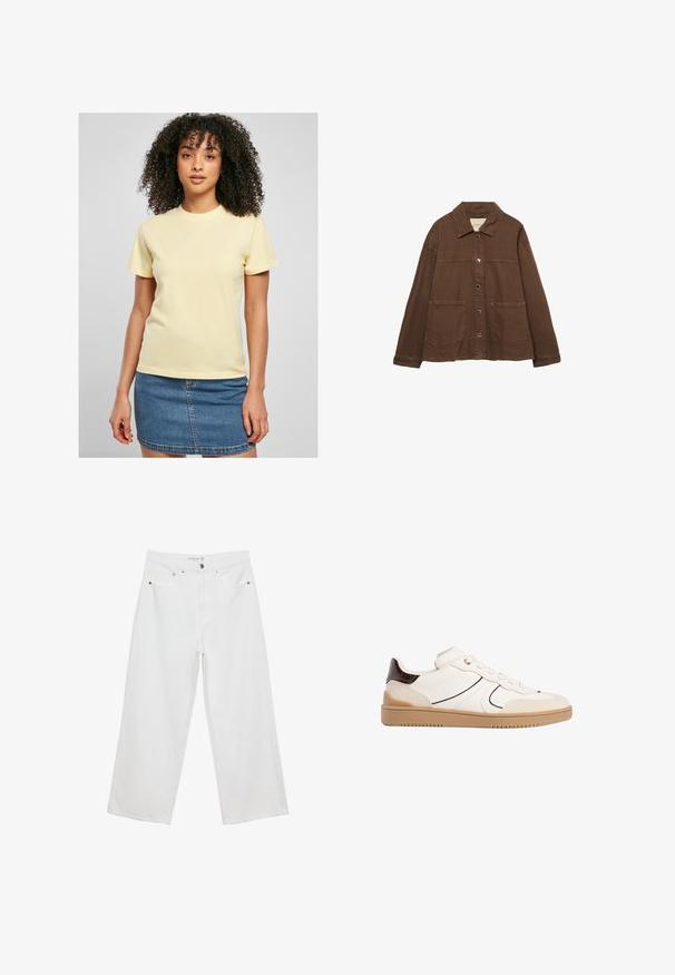 Hnědá bavlněná bunda s límcem, předními patentními knoflíky a dvěma velkými našitými kapsami. Čistý, rovný střih.; Žluté bavlněné tričko s krátkými rukávy, s bílým vyšitým logem na hrudi. Nosené s džínovou sukní.; Bílé široké džíny z denimu s vysokým pasem, které mají pět kapes a kovové ozdoby. Hladký povrch, bez viditelných vzorů.; Stradivarius Tenisky - white
