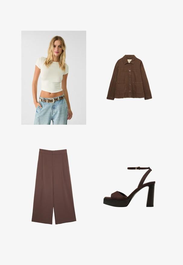 Brązowa bawełniana kurtka z kołnierzykiem, z przodu na zatrzaski i dwiema dużymi naszywanymi kieszeniami. Czysty, prosty krój.; Krótki rękaw kremowy ryżowy crop top połączony z jasnoniebieskimi dżinsami z wysokim stanem i wzorzystym paskiem z ćwiekami oraz ozdobną klamrą.; Brązowe spodnie o szerokich nogawkach z gładką fakturą, z wysokim stanem i plisami z przodu. Materiał jest lekki i luźno opada.; Brązowe zamszowe sandały na wysokim obcasie z odkrytymi palcami, regulowanym paskiem na kostce i paskowatą podeszwą.