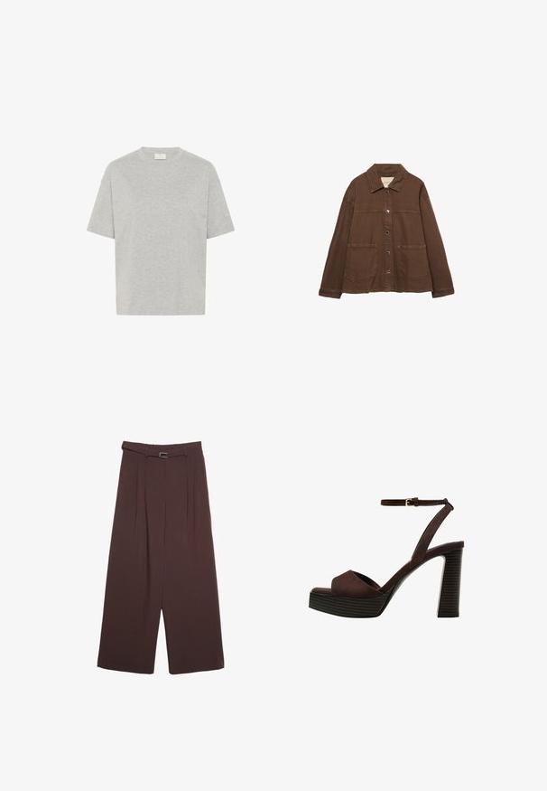 Brązowa bawełniana kurtka z kołnierzykiem, z przodu na zatrzaski i dwiema dużymi naszywanymi kieszeniami. Czysty, prosty krój.; Kaffe TOMINA piaskowy; Stradivarius - Spodnie materiałowe; Brązowe zamszowe sandały na wysokim obcasie z odkrytymi palcami, regulowanym paskiem na kostce i paskowatą podeszwą.