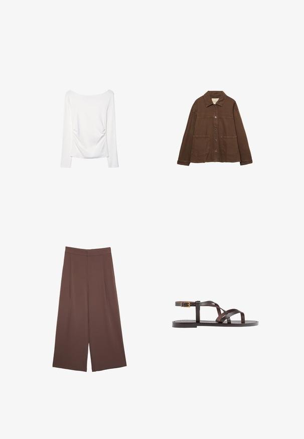 Brun bomuldsjakke med krave, frontknapper og to store påsyede lommer. Renskåret, lige snit.; Langærmet hvid bluse med en bred halsudskæring og gather-detalje på ryggen. Glat tekstur, tætsiddende design.; Brune bredbunde bukser med en glat tekstur, der har høj talje og plisseringer foran. Stoffet er let og falder løst.; Brune lædersandal med krydsende stropper, ankelspænde og en flad sål med minimale syninger.