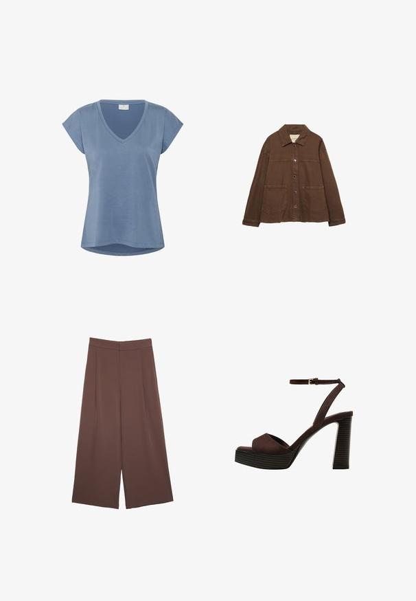 Brązowa bawełniana kurtka z kołnierzykiem, z przodu na zatrzaski i dwiema dużymi naszywanymi kieszeniami. Czysty, prosty krój.; Niebieska koszulka V-neck z krótkimi rękawami. Wykonana z miękkiego materiału, ma luźny fason i zaokrąglony dół. Gładka faktura bez wyraźnych wzorów.; Brązowe spodnie o szerokich nogawkach z gładką fakturą, z wysokim stanem i plisami z przodu. Materiał jest lekki i luźno opada.; Brązowe zamszowe sandały na wysokim obcasie z odkrytymi palcami, regulowanym paskiem na kostce i paskowatą podeszwą.
