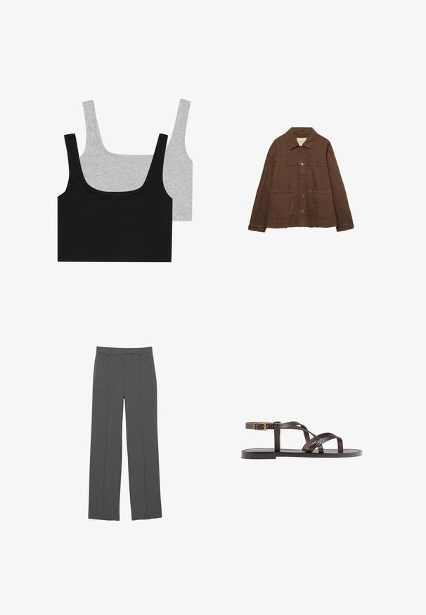 Braune Baumwolljacke mit einem Kragen, vorderen Druckknöpfen und zwei großen aufgesetzten Taschen. Sauberes, geradliniges Design.; Zwei Baumwollmischung-Top: eines in Schwarz und eines in Grau, beide mit gerippter Textur und breiten Trägern, die einen Rundhalsausschnitt und einen bequemen Sitz haben.; Graue Hose aus einem strukturierten Stoff mit geradem Bein und vorderen Falten. Keine sichtbaren Details am Bund oder Beschläge.; Braune Leder-Sandale mit überkreuzten Riemen, einem Knöchelriemen mit Schnalle und einer flachen Sohle mit minimalen Nähdetails.