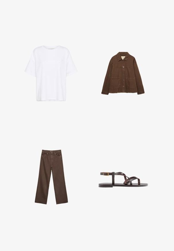 Hnedá bavlnená bunda s límcom, prednými cvokmi a dvoma veľkými náprsnými vreckami. Čistý, rovný strih.; Biely bavlnený tričko s voľným strihom, okrúhlym výstrihom a krátkymi rukávmi. Na prednej ľavej strane má malé logo. Hladká textúra.; Džínsy s širokými nohavicami v hnedej farbe, vyrobené z denimu, so zvýšeným pásom, prednými vreckami a klasickým zapínaním na gombík. Hladká textúra s jemným prešívaním.; Hnedé kožené sandály s krížovými popruhmi, uzatváraním na pracku okolo členku a plochou podrážkou s minimálnymi ševmi.