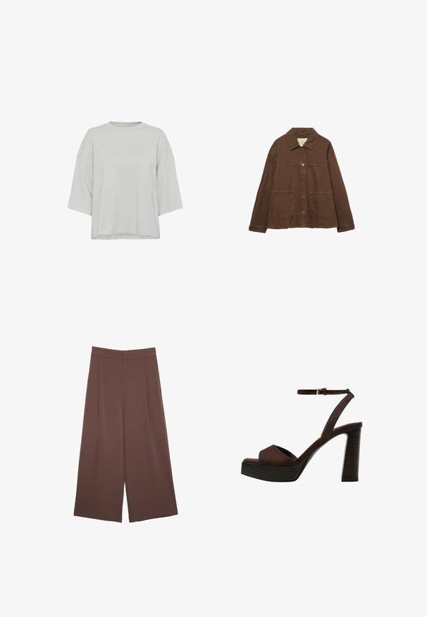 Smeđa pamučna jakna s ovratnikom, prednjim snap gumbima i dva velika džepa. Čist, ravno krojen dizajn.; Svijetlosiva majica kratkih rukava napravljena od mekanog materijala. Ima okrugli izrez i suptilne šavove na prednjoj strani. Standardni kroj.; Smeđe hlače širokog kroja s glatkom teksturom, koje imaju visok struk i nabore sprijeda. Tkanina je lagana i slobodno se kreće.; Smeđe zamšaste sandale s visokim potpeticama, otvorenim prstima, podesivom trakicom oko gležnja i prugastom platformom.