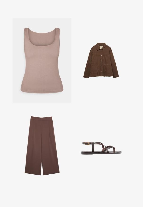 Brun bomuldsjakke med krave, frontknapper og to store påsyede lommer. Renskåret, lige snit.; Ribbet tanktop i blød beige, med firkantet halsudskæring og ærmeløs design. Materialet har en glat tekstur med en tætsiddende form.; Brune bredbunde bukser med en glat tekstur, der har høj talje og plisseringer foran. Stoffet er let og falder løst.; Brune lædersandal med krydsende stropper, ankelspænde og en flad sål med minimale syninger.