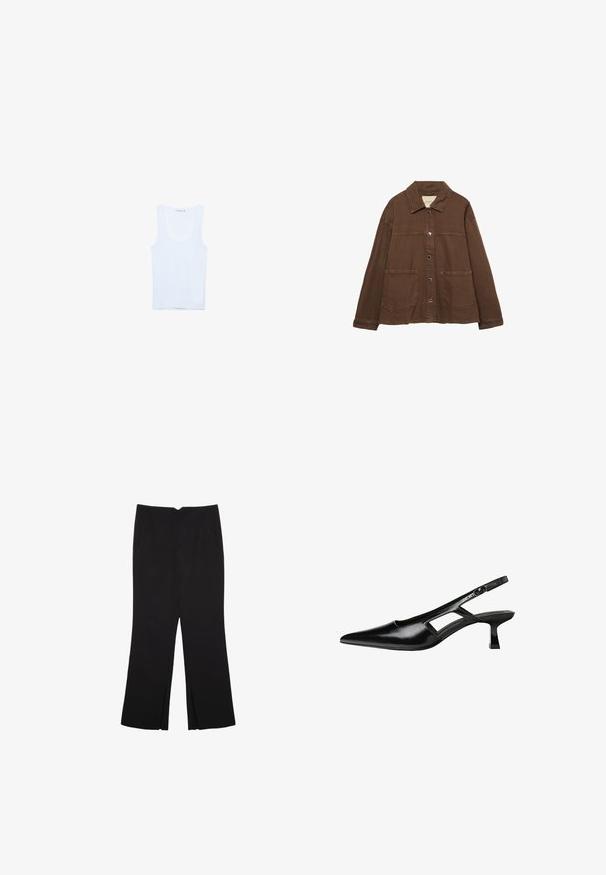 Bruine katoenen jas met een kraag, voorzijde met drukknoopjes en twee grote opgestikte zakken. Strak, rechtlijnig ontwerp.; Witte katoenen tanktop, met een ronde halslijn en brede schouderbanden. Gladde structuur, mouwloos ontwerp en een getailleerde pasvorm.; Zwarte broek met een rechte pasvorm, voorzien van zijzakken en plooien aan de onderzijde. Gemaakt van zachte, gladde stof. Geschikt voor verschillende gelegenheden.; Zwarte gepatineerde leren slingback hakken met een puntige neus, uitsparing aan de zijkant en een kleine vierkante hak. Gladde textuur met minimale accenten.