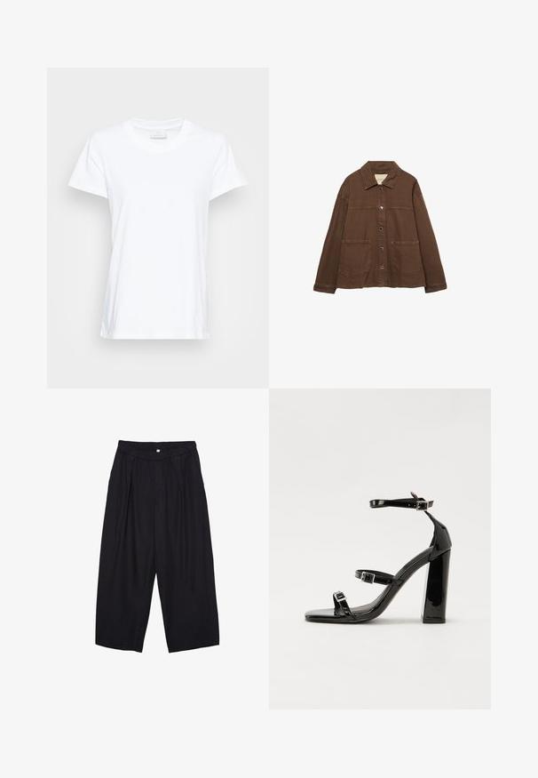 Rjava bombažna jakna z ovratnikom, sprednjimi snap gumbi in dvema velikima žepoma. Čista, ravna krojna zasnova.; Bela kratka majica s kratkimi rokavi iz mehkega bombaža. Ima okroglo izrez in nekoliko ohlapen kroj z bočnimi razporki za dodatno udobje.; Črne poliesterske culotte hlače z elastičnim pasom, dvema sprednjima nabiranjema in ohlapnim krojem. Brez vidnih vzorcev ali kovinskih detajlov.; Črne lakirane sandale s peto, kvadratnim prstom, trakovi okrog gležnja in srebrnimi zaponkami. Opremljene so s stabilno Debelo peto.