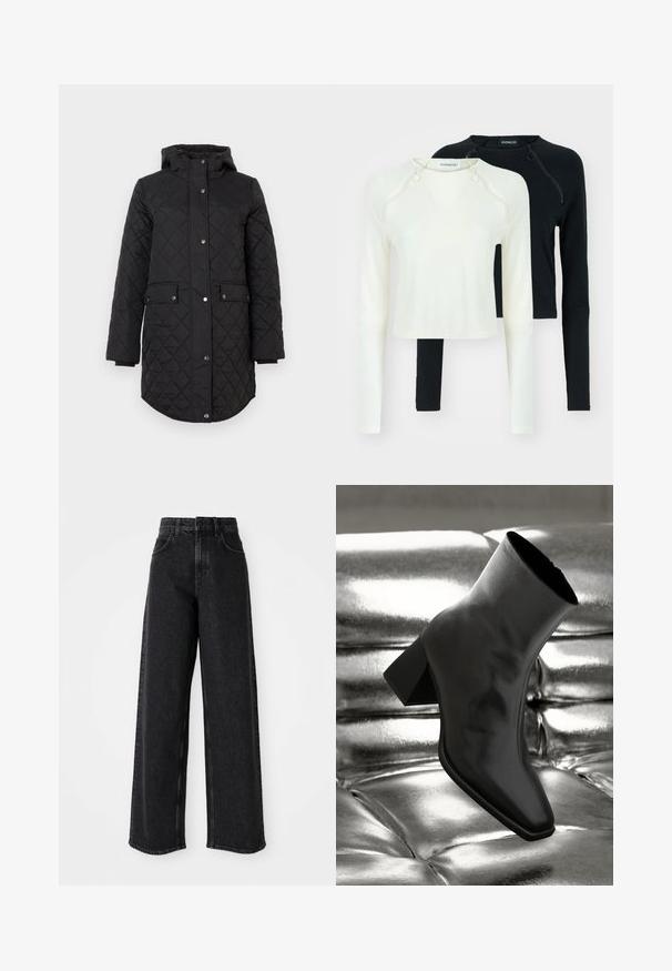 Black quilted jacket with a hood, featuring snap buttons and two front pockets, designed with a longer length and a rounded hem.; Two long-sleeve tops, one in white and one in black. Both feature round necklines and decorative zippers at the shoulder. Smooth fabric.; Black high-waisted wide-leg jeans made from denim, featuring a classic five-pocket design and subtle stitching details.; Black ankle boot made of glossy material with a square toe and tapered heel, set against a shiny silver tufted background.