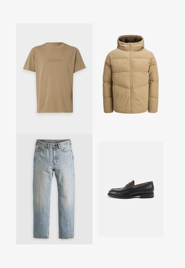 Μπεζ φουσκωτό μπουφάν με κουκούλα, με μπροστινό φερμουάρ, ραμμένα πάνελ και λεία υφή. Το εσωτερικό είναι σκούρο καφέ.; Μπεζ, πλεκτό πουλόβερ με ψηλό, ριμπ μανίκι. Διαθέτει υφή καλωδίου και ριμπ μανσέτες και στρίφωμα, προσφέροντας μια ζεστή εμφάνιση.; Καφέ βαμβακερό μπλουζάκι με κοντά μανίκια, με κεντημένο λογότυπο "Hollister" σε αντίστοιχο χρώμα μπροστά. Απλή, στρογγυλή λαιμόκοψη.; Ανοιχτού μπλε τζιν παντελόνι με ψηλή μέση, μπροστινό κουμπί, φερμουάρ και σχεδίαση πέντε τσέπες, τοποθετημένο επίπεδα σε ουδέτερο φόντο.; Μαύρα δερμάτινα loafers με λείο φινίρισμα, στρογγυλή μύτη και διακοσμητική ραφή στη μπροστινή πλευρά. Χαμηλός σωρός και ελαφριά γυαλάδα.