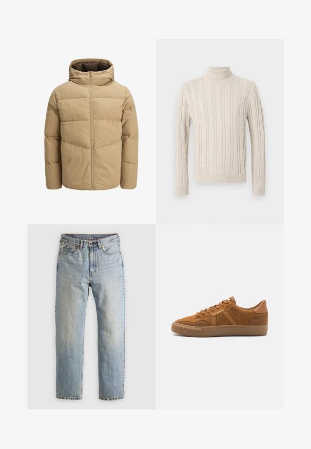 Šviesiai rudas pūkinis švarkas su gobtuvu, turintis priekinių užtrauktuką, siuvinėtus panelius ir lygų paviršių. Vidus tamsiai rudas.; Šviesiai ruda, megzta palaidinė su aukštu, raukšlėtu golfu. Pasižymi tekstūriniu kabelio raštu ir raukšlėtomis rankogaliais bei apačia, suteikiančia jaukų išvaizdą.; Šviesiai mėlynos džinsinės kelnės su aukštu liemeniu, priekyje mygtukas, užtrauktukas ir penkių kišenių dizainas, išklotos ant neutralios fono.; Jack & Jones JFWMORDEN - Sportbačiai - cognac