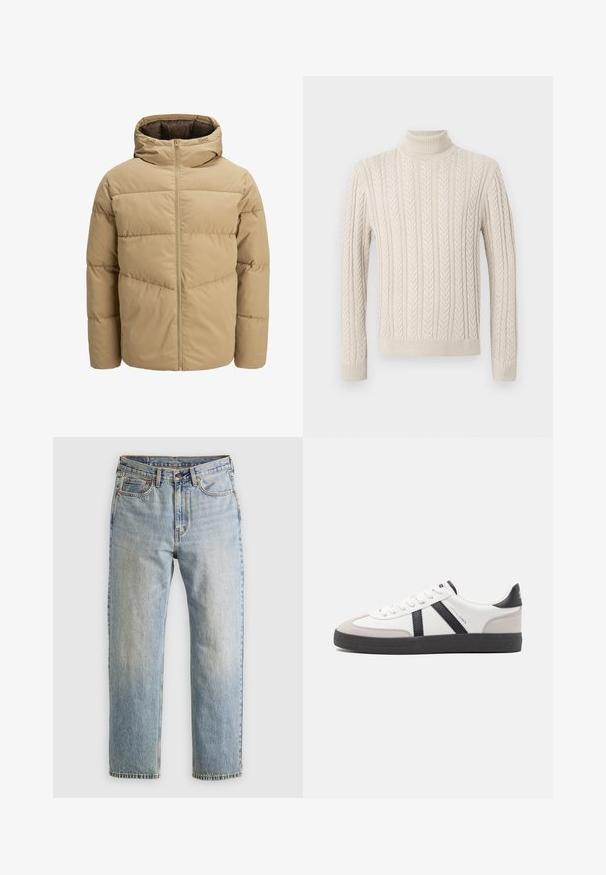 Harmaa puhvijakku hupulla, jossa on edessä vetoketju, ommellut paneelit ja sileä pinta. Sisäpuoli on tummanruskea.; Beige, neulepaita, jossa on korkea, ribattu poolokaulus. Sen pinnassa on teksturoitu nuppineulesuunnittelu ja ribatut hihansuut sekä helma, mikä luo kotoisan ilmeen.; Vaaleansininen farkut, joissa on korkea vyötärö, etunappi, vetoketju ja viisi taskua, asetettu tasaisesti neutraalille taustalle.; Valkoiset lenkkarit mustilla ja harmailla yksityiskohdilla, joissa on teksturoitu harmaa kärki, musta kumipohja ja litteät valkoiset nauhat. Siisti muotoilu, minimalistinen tyyli.