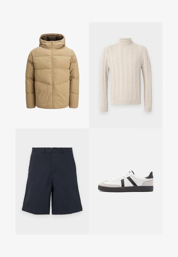 Beige puff jakke med hette, med glidelås foran, sydde paneler og en glatt tekstur. Innvendig er den mørkebrun.; Beige, strikket genser med høy, ribbestrikket turtleneck. Har et strukturert mønster med kabel og ribbestrikkede mansjetter og kant, som gir et koselig utseende.; Mørkeblå shorts laget av bomull, med knappelukking, sidelommer og rett ben-kutt. Stoffet har en myk tekstur.; Hvite sneakers med svarte og grå detaljer, med en teksturert grå tåhette, svart gummisåle, og flate hvite lisser. Rent design, minimalistisk stil.