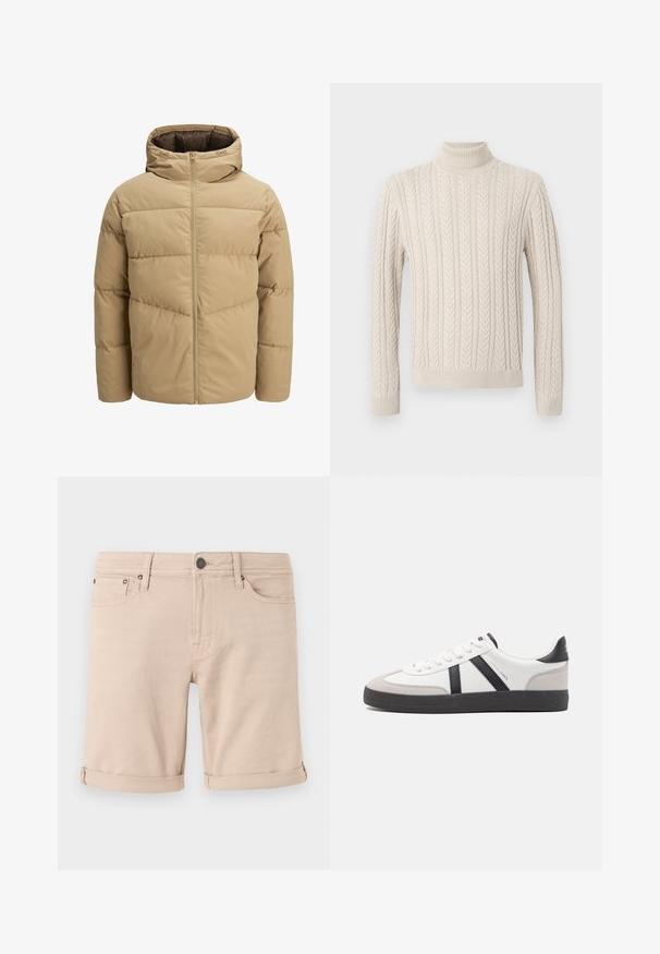 Giacca puffer beige con cappuccio, dotata di una cerniera frontale, pannelli cuciti e una texture liscia. L'interno è di colore marrone scuro.; Maglione beige lavorato a maglia con un alto collo a costine. Presenta un motivo a treccia testurizzato e polsini e orlo a coste, offrendo un aspetto accogliente.; Shorts in denim beige con taglio dritto, con risvolti, due tasche frontali e una tasca posteriore piccola. Realizzati in tessuto robusto.; Sneaker bianco con accenti neri e grigi, dotata di una punta grigia testurizzata, suola in gomma nera e lacci bianchi piatti. Design pulito, stile minimalista.