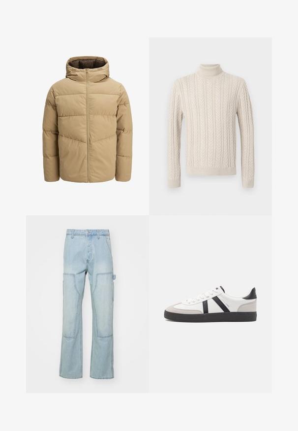 Bežna puffer jakna s kapuco, ki vsebuje sprednjo zadrgo, šivane panele in gladko teksturo. Notranjost je temno rjava.; Bež, pleteni pulover z visokim, rebrastim ovratnikom. Ima teksturiran kabelski vzorec ter rebraste manšete in spodnji rob, kar daje prijeten videz.; Only & Sons ONSEDGE - Ravne kavbojke - light blue denim; Bela športna obutev z črnimi in sivo akcenti, z teksturirano sivo kapico za prste, črnim gumijastim podplatom in ravnimi belimi vezalkami. Čista zasnova, minimalistični slog.
