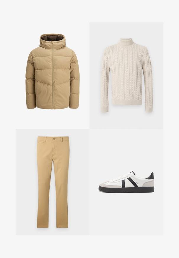 Beige puffer jacket with a hood, featuring a front zipper, stitched panels, and a smooth texture. Interior is dark brown.; Beige, knitted sweater with a high, ribbed turtleneck. Features a textured cable pattern and ribbed cuffs and hem, offering a cozy appearance.; Khaki trousers made of cotton, featuring a straight leg design, front pockets, a button closure, and subtle fabric texture.; White sneaker with black and gray accents, featuring a textured gray toe cap, black rubber sole, and flat white laces. Clean design, minimalist style.