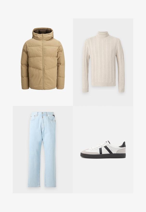 Beige puffer jacket with a hood, featuring a front zipper, stitched panels, and a smooth texture. Interior is dark brown.; Beige, knitted sweater with a high, ribbed turtleneck. Features a textured cable pattern and ribbed cuffs and hem, offering a cozy appearance.; Light blue denim jeans with a straight leg design. Features a button and zipper closure, five pockets, and contrast stitching.; White sneaker with black and gray accents, featuring a textured gray toe cap, black rubber sole, and flat white laces. Clean design, minimalist style.