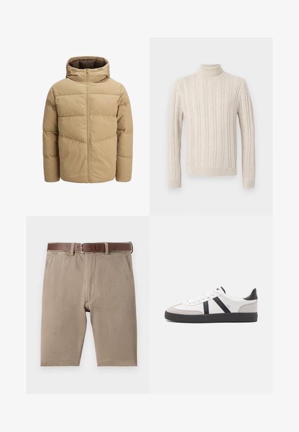 Beige puffer jacket with a hood, featuring a front zipper, stitched panels, and a smooth texture. Interior is dark brown.; Beige, knitted sweater with a high, ribbed turtleneck. Features a textured cable pattern and ribbed cuffs and hem, offering a cozy appearance.; Tan cotton shorts with a straight cut, featuring a brown leather belt and side pockets, smooth texture with neatly finished hems.; White sneaker with black and gray accents, featuring a textured gray toe cap, black rubber sole, and flat white laces. Clean design, minimalist style.