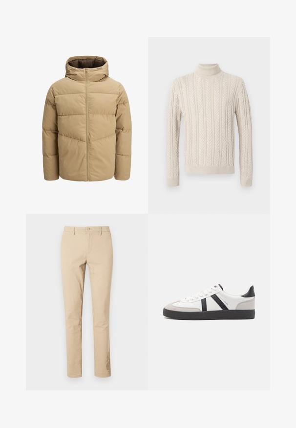 Beige Daunenjacke mit Kapuze, ausgestattet mit einem Reißverschluss vorne, gesteppten Paneelen und einer glatten Textur. Das Innere ist dunkelbraun.; Beige, gestrickter Pullover mit hohem, geripptem Rollkragen. Er verfügt über ein strukturiertes Zopfmuster sowie gerippte Bündchen und Saum, was ein gemütliches Erscheinungsbild bietet.; Beige Baumwollhosen mit klassischem Schnitt, Reißverschluss mit Knopfverschluss, Gürtelschlaufen und sauberen Säumen. Keine sichtbaren Muster oder Akzente.; Weiße Sneaker mit schwarz- und grau-aczenten, ausgestattet mit einer strukturierten grauen Zehenkappe, schwarzer Gummi-Sohle und flachen weißen Schnürsenkeln. Sauberes Design, minimalistische Stil.