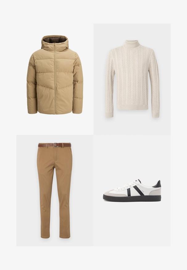 Beżowa kurtka puchowa z kapturem, z zamkiem błyskawicznym z przodu, przeszytymi panelami i gładką teksturą. Wnętrze jest ciemnobrązowe.; Beżowy, dzianinowy sweter z wysokim, prążkowanym golfem. Posiada teksturowany wzór w warkocze oraz prążkowane mankiety i dół, co zapewnia przytulny wygląd.; Beżowe chinosy o teksturowanym wykończeniu, z ukośnymi kieszeniami bocznymi, zapięciem na guzik i zamek błyskawiczny oraz brązowym skórzanym paskiem.; Białe sneakersy z czarnymi i szarymi akcentami, z teksturowanym szarym czubkiem, czarną gumową podeszwą i płaskimi białymi sznurowadłami. Czysty design, minimalistyczny styl.