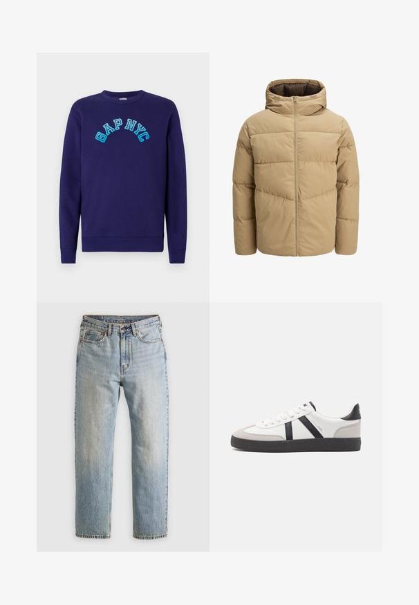 Beige pufferjack met een capuchon, met een ritssluiting aan de voorkant, gestikte panelen en een gladde textuur. De binnenkant is donkerbruin.; Marineblauwe sweatshirt van katoen, met de tekst "GAP NYC" in lichtblauw geborduurd in boogvorm op de voorkant. Klassiek ronde halslijn.; Lichtblauwe denim jeans met hoge taille, frontknop, rits en vijfzakkenontwerp, plat gelegd op een neutrale achtergrond.; Witte sneaker met zwarte en grijze accenten, voorzien van een grijze neus met textuur, zwarte rubberen zool en platte witte veters. Schoon ontwerp, minimalistische stijl.