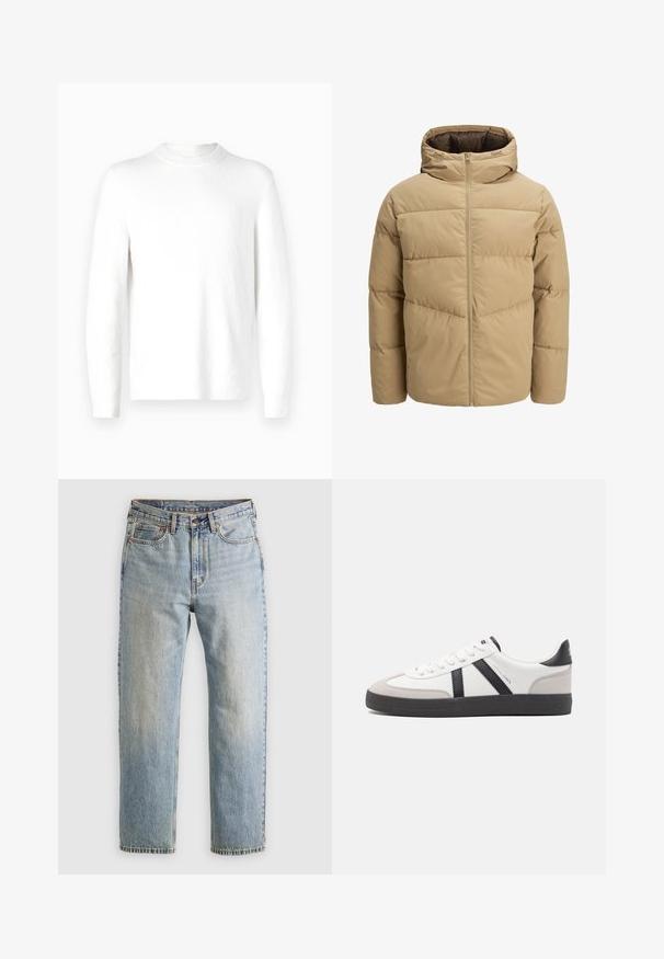 Beige pufferjack met een capuchon, met een ritssluiting aan de voorkant, gestikte panelen en een gladde textuur. De binnenkant is donkerbruin.; Witte, lange mouwen trui met een textuurstof en een ronde hals. Het ontwerp is minimalistisch, zonder zichtbare patronen of accenten.; Lichtblauwe denim jeans met hoge taille, frontknop, rits en vijfzakkenontwerp, plat gelegd op een neutrale achtergrond.; Witte sneaker met zwarte en grijze accenten, voorzien van een grijze neus met textuur, zwarte rubberen zool en platte witte veters. Schoon ontwerp, minimalistische stijl.