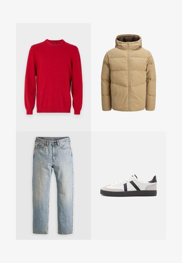 Beige színű puffasztott dzseki kapucnival, elülső cipzárral, steppelt panelekből és sima textúrából készült. Belseje sötétbarna.; Piros pulóver puha kötött anyagból, kerek nyakkivágással, hosszú ujjakkal, bordázott mandzsettaszárral és derékkal. Egyszerű dizájn, további minták nélkül.; Világoskék farmernadrág magas derékkal, elülső gombbal, cipzárral és öt zsebbel, sima háttérre fektetve.; Fehér sneaker fekete és szürke részletekkel, textúrált szürke orr résszel, fekete gumitalppal és lapos fehér fűzőkkel. Tiszta dizájn, minimalista stílus.