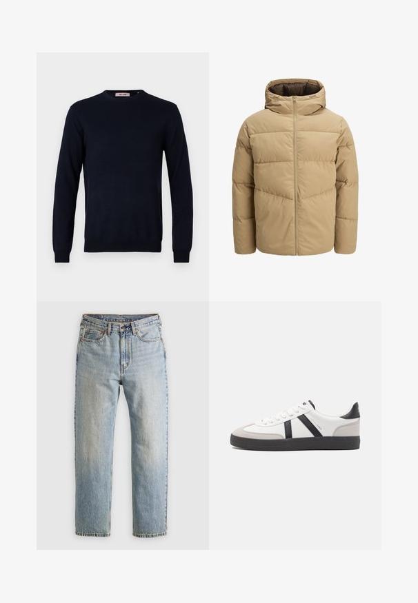 Beige Daunenjacke mit Kapuze, ausgestattet mit einem Reißverschluss vorne, gesteppten Paneelen und einer glatten Textur. Das Innere ist dunkelbraun.; Marineblauer Rundhals-Pullover aus einem glatten Strickstoff, mit langen Ärmeln und gerippten Bündchen und Saum. Minimalistisches Design ohne Muster.; Helle blaue Jeans mit hoher Taille, Frontknopf, Reißverschluss und fünf Taschen-Design, flach auf einem neutralen Hintergrund ausgelegt.; Weiße Sneaker mit schwarz- und grau-aczenten, ausgestattet mit einer strukturierten grauen Zehenkappe, schwarzer Gummi-Sohle und flachen weißen Schnürsenkeln. Sauberes Design, minimalistische Stil.