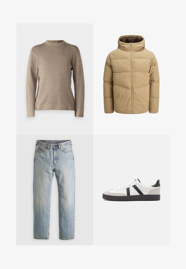 Beige Daunenjacke mit Kapuze, ausgestattet mit einem Reißverschluss vorne, gesteppten Paneelen und einer glatten Textur. Das Innere ist dunkelbraun.; Beige Pullover mit Rundhalsausschnitt, langen Ärmeln, gerippten Bündchen und einem weichen, strukturierten Stoff. Hat ein schlichtes Design und eine lockere Passform.; Helle blaue Jeans mit hoher Taille, Frontknopf, Reißverschluss und fünf Taschen-Design, flach auf einem neutralen Hintergrund ausgelegt.; Weiße Sneaker mit schwarz- und grau-aczenten, ausgestattet mit einer strukturierten grauen Zehenkappe, schwarzer Gummi-Sohle und flachen weißen Schnürsenkeln. Sauberes Design, minimalistische Stil.