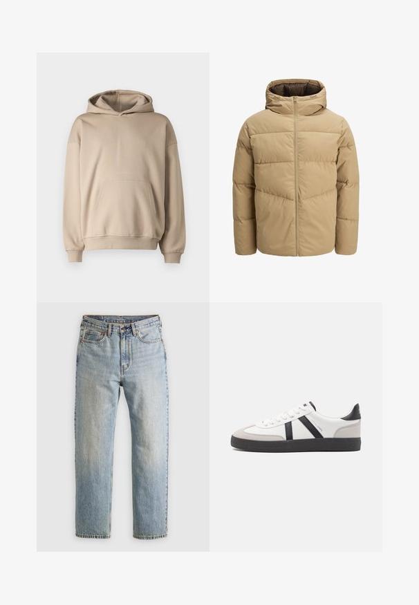 Bež zimska jakna s kapuljačom, koja ima prednji zip, ušivene panele i glatku teksturu. Unutrašnjost je tamnosmeđa.; Bež dukserica s kapuljačom, mekani materijal, širok kroj, kengurudžep, rebrasti manžeti i donji rub, minimalistički dizajn, glatka tekstura.; Svijetloplave traperice visoki struk, prednji gumb, zatvarač i dizajn s pet džepova, položene ravno na neutralnoj pozadini.; Bijele tenisice s crnim i sivim detaljima, s teksturiranim sivim zaštitnikom prstiju, crnim gumene potplate i ravnim bijelim vezicama. Čist dizajn, minimalistički stil.