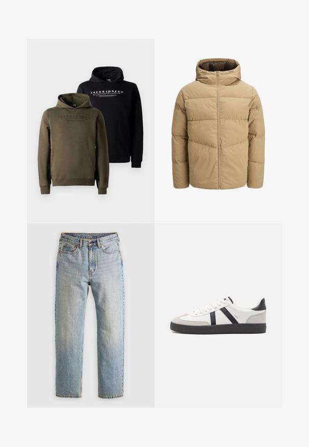 Šviesiai rudas pūkinis švarkas su gobtuvu, turintis priekinių užtrauktuką, siuvinėtus panelius ir lygų paviršių. Vidus tamsiai rudas.; Juodos ir alyvinės žaliai spalvos džemperiai su priekinėmis kišenėmis, su raišteliu reguliuojamu gobtuvu ir spausdintu logotipu ant krūtinės. Minkšta, lygi medžiaga.; Šviesiai mėlynos džinsinės kelnės su aukštu liemeniu, priekyje mygtukas, užtrauktukas ir penkių kišenių dizainas, išklotos ant neutralios fono.; Balti sportbačiai su juodais ir pilkais akcentais, pasižymintys tekstūruotu pilku pirštų dangteliu, juoda gumine padais ir plokščiomis baltomis raišteliais. Švarus dizainas, minimalistinis stilius.