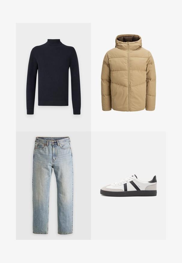 Beige prošívaná bunda s kapucí, s předním zipem, šitými panely a hladkou texturou. Interiér je tmavě hnědý.; Námorně modrý rolák vyrobený z žebrovaného pleteného materiálu, s dlouhými rukávy a těsně ušitými manžetami, s čistým a jednoduchým designem.; Svetle modré džíny z denimu s vysokým pasem, předním knoflíkem, zipem a designem s pěti kapsami, ležící rovně na neutrálním pozadí.; Bílé tenisky s černými a šedými akcenty, opatřené texturovaným šedým prstovým krytem, černou gumovou podrážkou a plochými bílými tkaničkami. Čistý design, minimalistický styl.