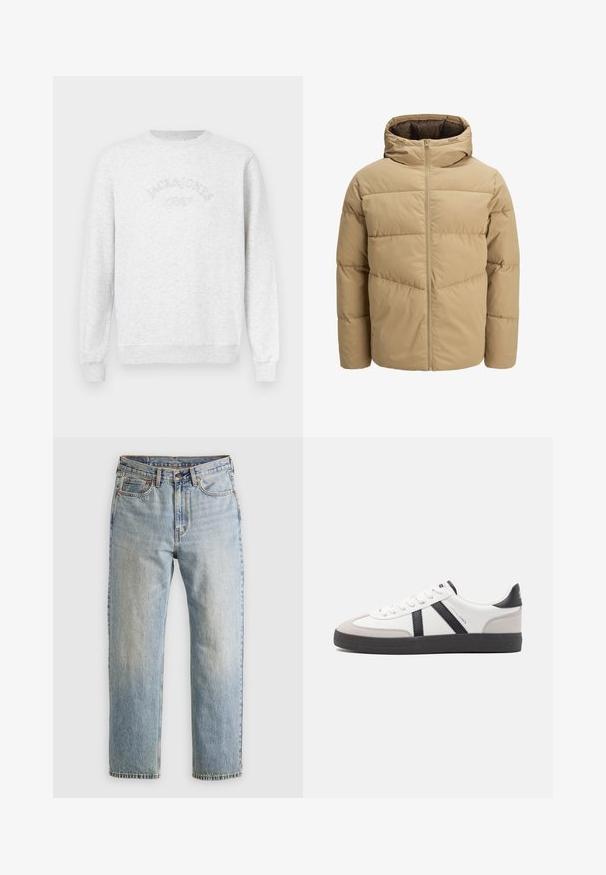 Beige pufferjack met een capuchon, met een ritssluiting aan de voorkant, gestikte panelen en een gladde textuur. De binnenkant is donkerbruin.; Grijze sweater gemaakt van zachte stof. Heeft ribgebreide manchetten en zoom, met het geborduurde logo "JACK & JONES" in een gebogen ontwerp op de borst.; Lichtblauwe denim jeans met hoge taille, frontknop, rits en vijfzakkenontwerp, plat gelegd op een neutrale achtergrond.; Witte sneaker met zwarte en grijze accenten, voorzien van een grijze neus met textuur, zwarte rubberen zool en platte witte veters. Schoon ontwerp, minimalistische stijl.