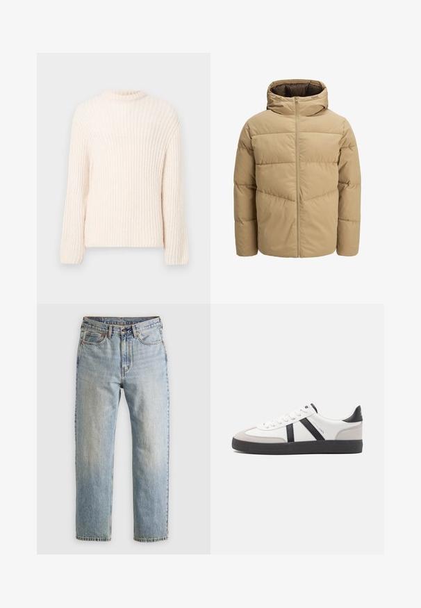 Beige színű puffasztott dzseki kapucnival, elülső cipzárral, steppelt panelekből és sima textúrából készült. Belseje sötétbarna.; Dús, krémszínű, kötött pulóver kerek nyakkal, hosszú ujjakkal és bordázott textúrával. Egyszerű dizájn és kellemes tapintású anyag.; Világoskék farmernadrág magas derékkal, elülső gombbal, cipzárral és öt zsebbel, sima háttérre fektetve.; Fehér sneaker fekete és szürke részletekkel, textúrált szürke orr résszel, fekete gumitalppal és lapos fehér fűzőkkel. Tiszta dizájn, minimalista stílus.
