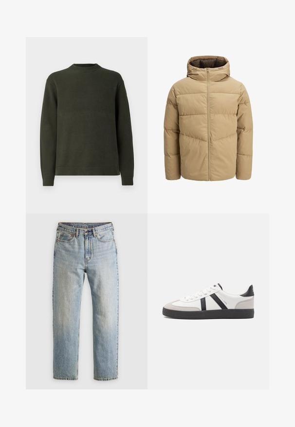 Beżowa kurtka puchowa z kapturem, z zamkiem błyskawicznym z przodu, przeszytymi panelami i gładką teksturą. Wnętrze jest ciemnobrązowe.; Ciemnozielony, dzianinowy sweter z długim rękawem, z prążkowanym okrągłym dekoltem, mankietami i dolnym wykończeniem, zaprezentowany na białym tle.; Jasnoniebieskie dżinsy z wysokim stanem, z guzikiem z przodu, zamkiem błyskawicznym i pięcioma kieszeniami, ułożone na płasko na neutralnym tle.; Białe sneakersy z czarnymi i szarymi akcentami, z teksturowanym szarym czubkiem, czarną gumową podeszwą i płaskimi białymi sznurowadłami. Czysty design, minimalistyczny styl.