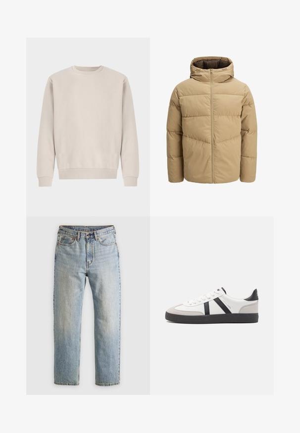 Harmaa puhvijakku hupulla, jossa on edessä vetoketju, ommellut paneelit ja sileä pinta. Sisäpuoli on tummanruskea.; Beige collegepaita, valmistettu pehmeästä puuvillasta, jossa on rento istuvuus, ribbaus hihansuissa ja helmassa, ilman näkyviä kuvioita tai tarvikkeita.; Vaaleansininen farkut, joissa on korkea vyötärö, etunappi, vetoketju ja viisi taskua, asetettu tasaisesti neutraalille taustalle.; Valkoiset lenkkarit mustilla ja harmailla yksityiskohdilla, joissa on teksturoitu harmaa kärki, musta kumipohja ja litteät valkoiset nauhat. Siisti muotoilu, minimalistinen tyyli.