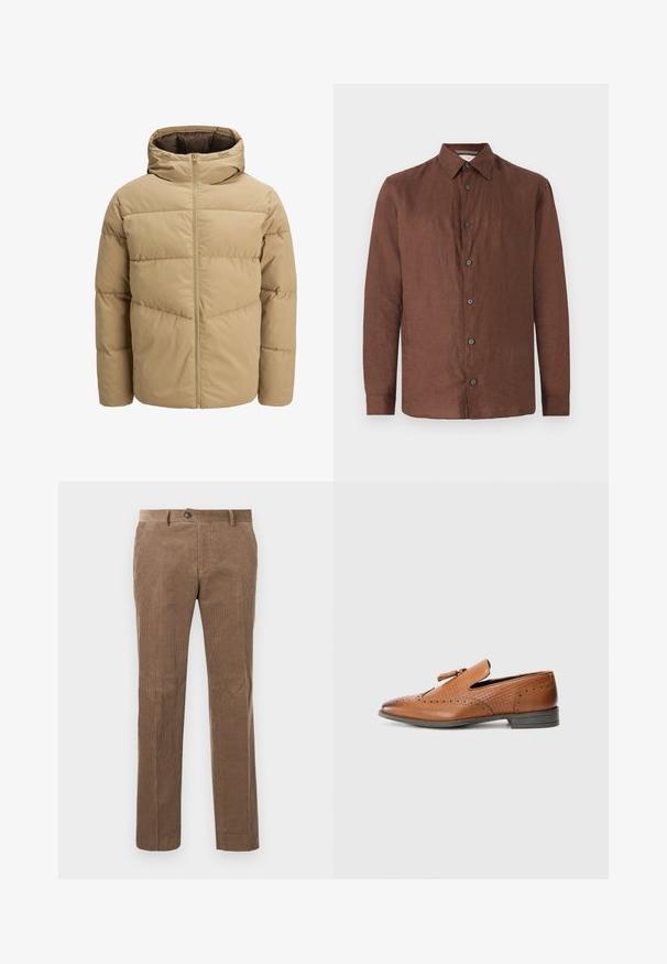 Bežs pūkains jaku ar kapuci, kas aprīkota ar priekšējo rāvējslēdzēju, šūtiem paneļiem un gludu virsmu. Iekšpuse ir tumši brūna.; Brūns lina krekls ar garām piedurknēm, pogājams priekšpuses, izklāta apkakle un melnas pogas. Gluda tekstūra ar nedaudz krunkainu izskatu.; Brūni korduroja bikses ar vertikālu ribotu tekstūru, taisna kāju dizains, viens pogas aizdare un divas priekšējās kabatas.; Brūnas ādas kurpes ar perforētu apdari, teksturētām malām, plakanu zoli un dekoratīvu loku augšdaļā. Klasisks dizains ar gludu apdari.