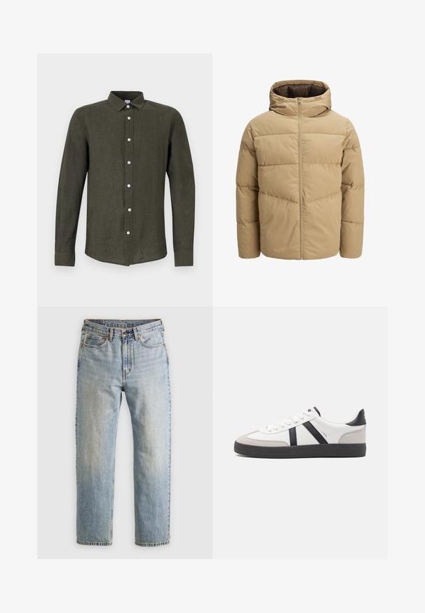 Beige pufferjack met een capuchon, met een ritssluiting aan de voorkant, gestikte panelen en een gladde textuur. De binnenkant is donkerbruin.; Donkergroene shirt met lange mouwen, gemaakt van linnen. Heeft een knoopsluiting aan de voorkant met lichte knopen en een kraag voor een gestructureerde uitstraling.; Lichtblauwe denim jeans met hoge taille, frontknop, rits en vijfzakkenontwerp, plat gelegd op een neutrale achtergrond.; Witte sneaker met zwarte en grijze accenten, voorzien van een grijze neus met textuur, zwarte rubberen zool en platte witte veters. Schoon ontwerp, minimalistische stijl.