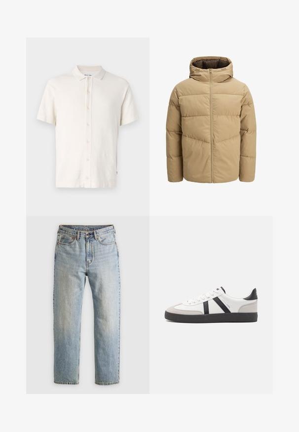 Doudoune beige avec capuche, dotée d'une fermeture éclair à l'avant, de panneaux piqués et d'une texture lisse. Intérieur de couleur marron foncé.; Polo à manches courtes en blanc cassé, avec un tissu texturé, des boutons de fermeture et un col classique. Style simple et polyvalent.; Jean en denim bleu clair à taille haute, avec bouton avant, fermeture éclair et design à cinq poches, posé à plat sur un fond neutre.; Baskets blanches avec des accents noirs et gris, présentant un embout texturé gris, une semelle en caoutchouc noir et des lacets plats blancs. Design épuré, style minimaliste.