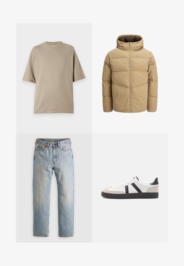 Bež pehme jope kapuutsiga, millel on eesneed ja õmmeldud paneelid, ning sile tekstuur. Interjöör on tumepruun.; Beige lühikeste varrukatega t-särk, mis on valmistatud pehmest puuvillast, omades ümarat kaelust ja mugavat lõiget, sileda tekstuuri ja minimaalse detailitusega.; Heledad hele sinine teksapükste kõrge vöökoht, ees nupuga, lukuga ja viie taskuga disain, asetatud tasasele neutraalsele taustale.; Valged tossud mustade ja hallide aktsentidega, tekstureeritud halli varbakattega, musta kummitald ja lamedad valged paelad. Puhtad jooned, minimalistlik stiil.