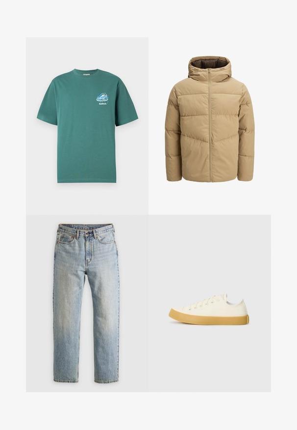 Chaqueta de plumas beige con capucha, que cuenta con un cierre frontal, paneles cosidos y una textura suave. El interior es de color marrón oscuro.; Camiseta de algodón verde con mangas cortas, que presenta un pequeño diseño gráfico colorido en el lado izquierdo del pecho. Ligera, de corte regular.; Jeans de mezclilla azul claro de cintura alta, con botón frontal, cremallera y diseño de cinco bolsillos, dispuestos sobre un fondo neutro.; Zapatillas de lona en color blanco roto con punta redonda, que cuentan con suelas de goma beige y cinco ojetes para los cordones, acabado texturizado en la parte superior.