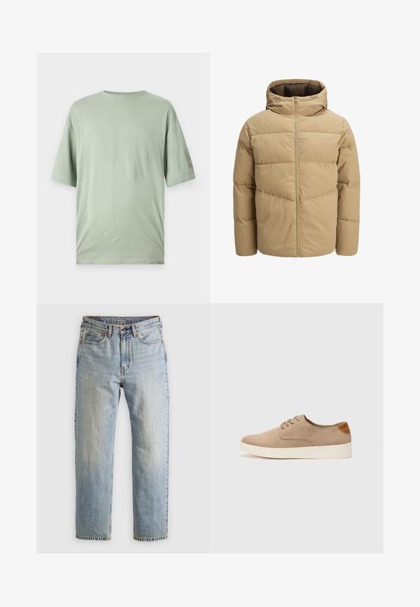 Beige puff jakke med hette, med glidelås foran, sydde paneler og en glatt tekstur. Innvendig er den mørkebrun.; Lys grønn t-skjorte med kort erme laget av mykt stoff. Har en rund hals og en avslappet passform uten synlige mønstre eller utsmykninger.; Lys blå denim jeans med høy midje, frontknapp, glidelås og fem-lommers design, lagt flatt på en nøytral bakgrunn.; Beige semskinnsko med rund tå, snøring foran og en teksturert bakre aksent. Hvit gummisåle gir kontrast. Enkelt og moderne design.