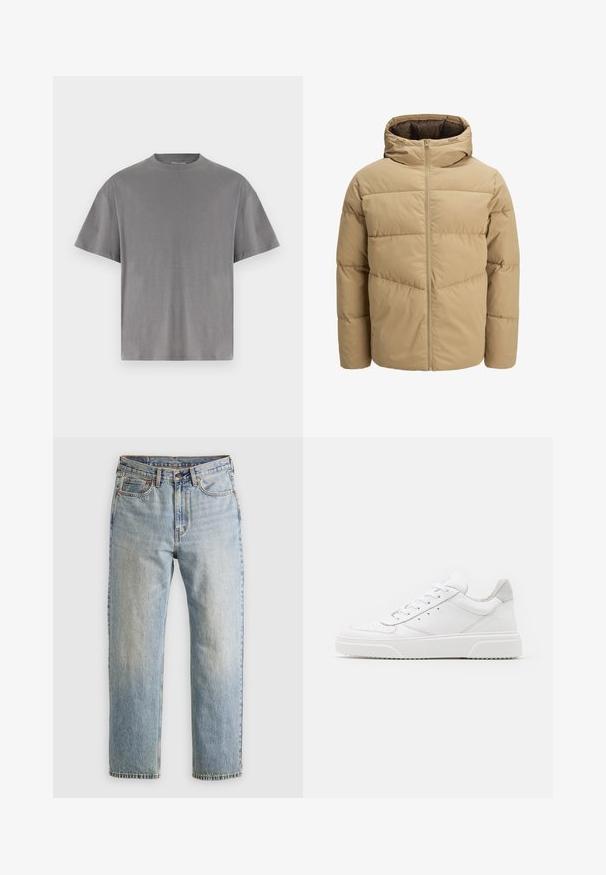 Bežs pūkains jaku ar kapuci, kas aprīkota ar priekšējo rāvējslēdzēju, šūtiem paneļiem un gludu virsmu. Iekšpuse ir tumši brūna.; Pelēks kokvilnas T-krekls ar apaļu apkakli, īsām piedurknēm un brīvu piegriezumu. Gluda tekstūra, bez redzamām rakstu vai akcentu detaļām.; Gai zila denima bikses ar augstu jostasvietu, priekšējo pogu, rāvējslēdzēju un piecu kabatu dizainu, izlīdzinātas uz neitrāla fona.; Baltie ādas sporta apavi ar gludu virsmu, noapaļotu purngalu, plakaniem šņorēm un reljefa zoli. Pelēks zamšādas akcenti pie papēža.