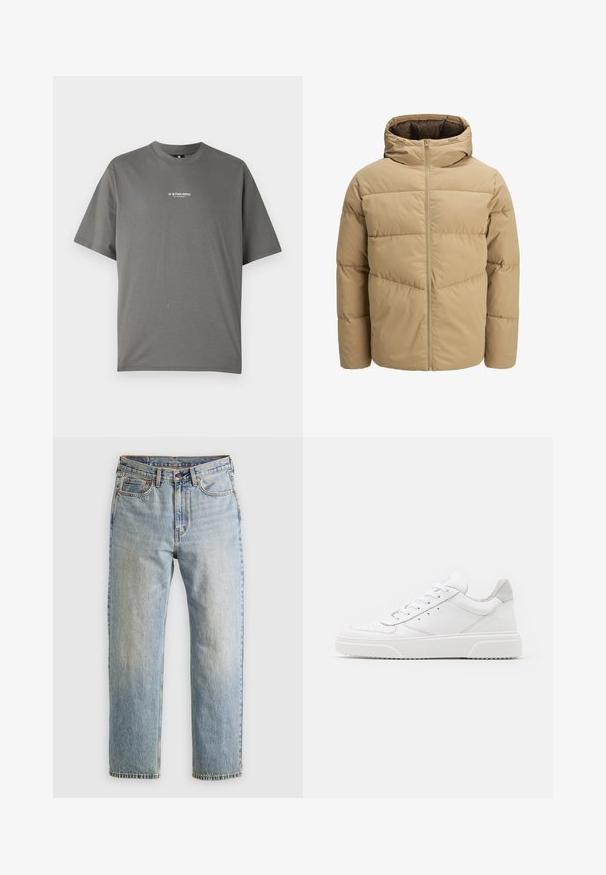 Beige puffjacka med huva, har en frontdragkedja, sydda paneler och en mjuk textur. Insidan är mörkbrun.; Grå bomulls T-shirt med rund halsringning, korta ärmar och en G-Star RAW-logotyp tryckt i vitt över bröstet.; Ljusblå denimjeans med hög midja, framknäppning, dragkedja och femficksdesign, placerade platt på en neutral bakgrund.; Vita lädersneakers med en slät yta, rund tå, platta snören och en texturerad sula. Grå mockadetalj vid hälen.